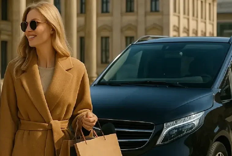 Mujeres después de compras junto a un monovolumen negro cerca de un edificio histórico en el centro de Berlín