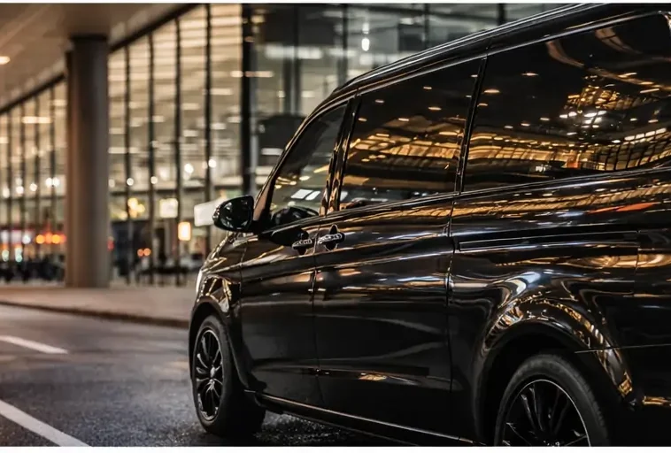 Rear view of a black glossy MPV parked by the brightly lit Berlin airport terminal at night