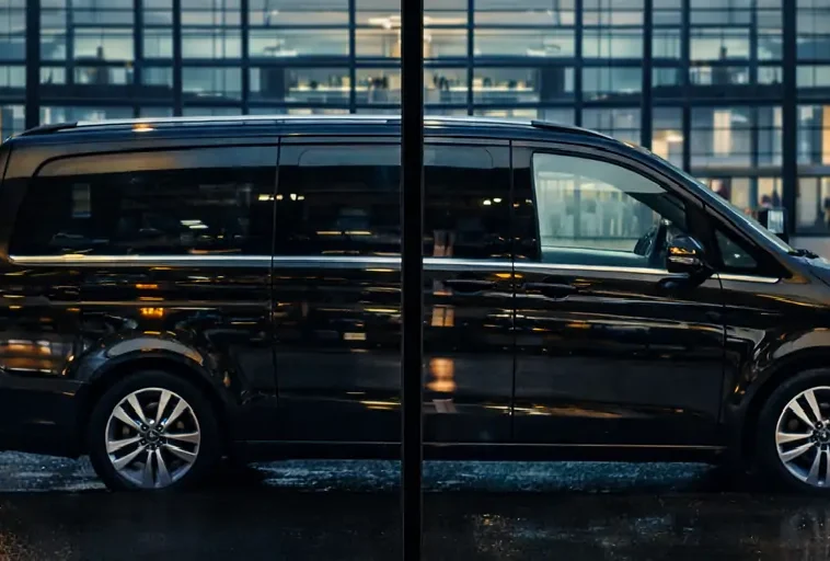 Black premium Mercedes MPV parked on wet asphalt by the glass facade of Berlin Brandenburg Airport (BER) terminal