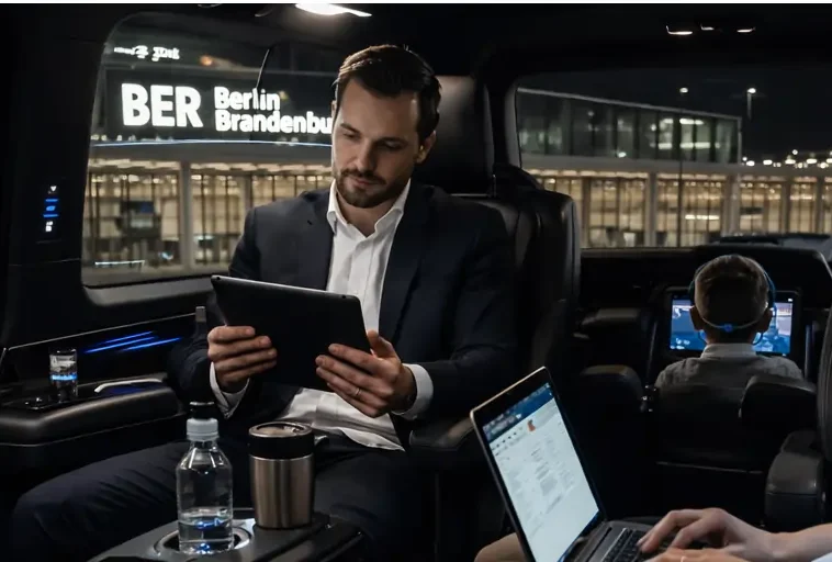 Business transfer from Berlin Airport with passengers working on laptop and tablet in a comfortable MPV cabin