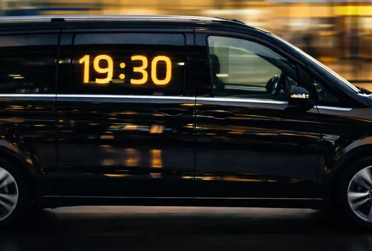 Mercedes MPV for evening transfer from BER Airport with exact 19:30 arrival time shown on the display board