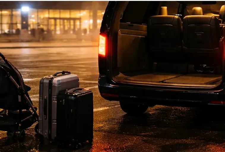 MPV with open boot, stroller and suitcases on the Berlin Brandenburg Airport parking for a family transfer