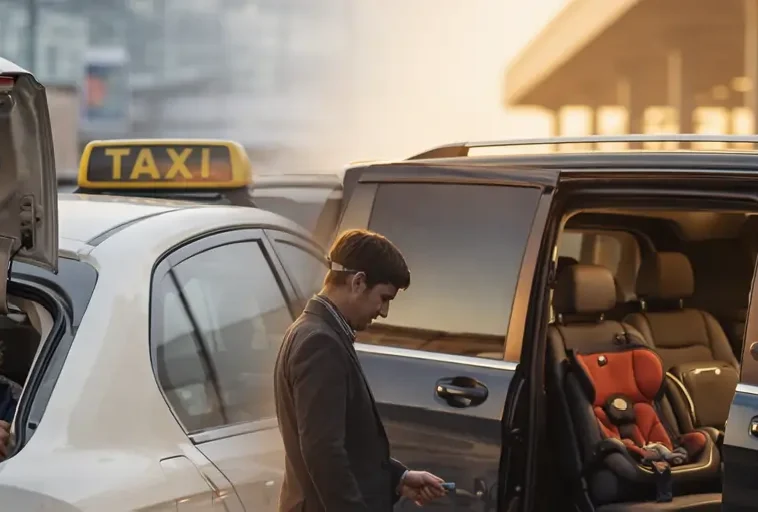 Сравнение семейного трансфера: тесный багажник обычного такси против просторного салона минивэна с детским креслом в аэропорту BER