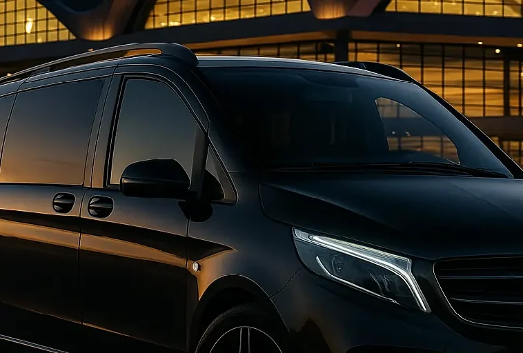 Black Mercedes-Benz V-Class MPV in front of Berlin Brandenburg Airport (BER) with evening lighting