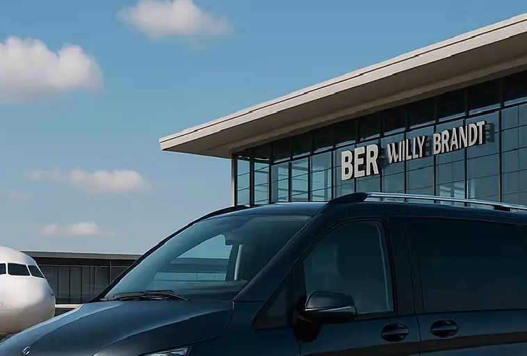 Black Mercedes-Benz V-Class MPV in front of a passenger aircraft and Berlin Brandenburg Airport (BER) Willy Brandt terminal on a sunny day