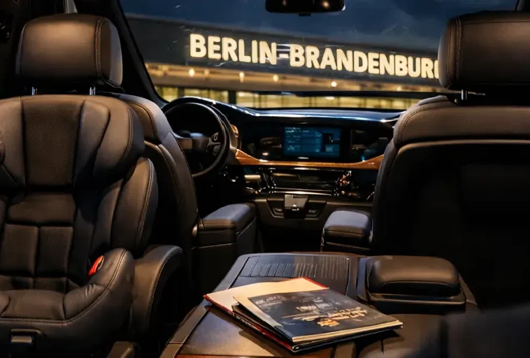 Luxurious leather interior of a premium MPV with wood trim and magazines ready for VIP transfer at Berlin Brandenburg terminal