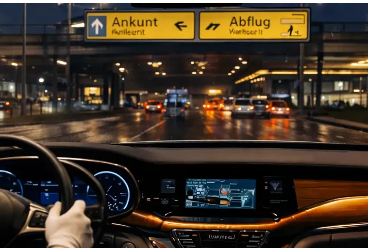 MPV driver at the wheel on a wet road near Berlin Brandenburg Airport with Ankunft and Abflug signs in the evening