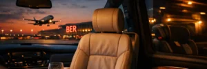 Comfortable leather-interior MPV for group transfers in front of the illuminated BER airport terminal at night