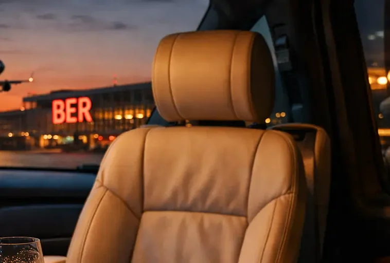 Comfortable leather-interior MPV for group transfers in front of the illuminated BER airport terminal at night