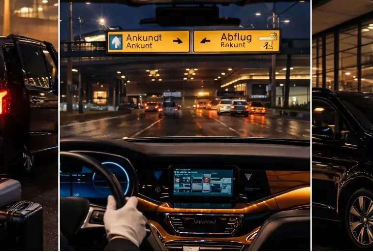 Traslado desde el Aeropuerto de Berlín Brandenburg con maletero de monovolumen lleno de maletas, conductor siguiendo las señales Ankunft–Abflug para recibir a los pasajeros en la terminal por la noche