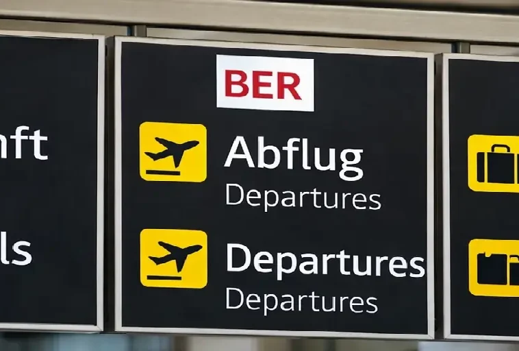 Навигационные указатели в аэропорту Берлин-Бранденбург (BER) с направлениями Прилет, Вылет и Получение багажа