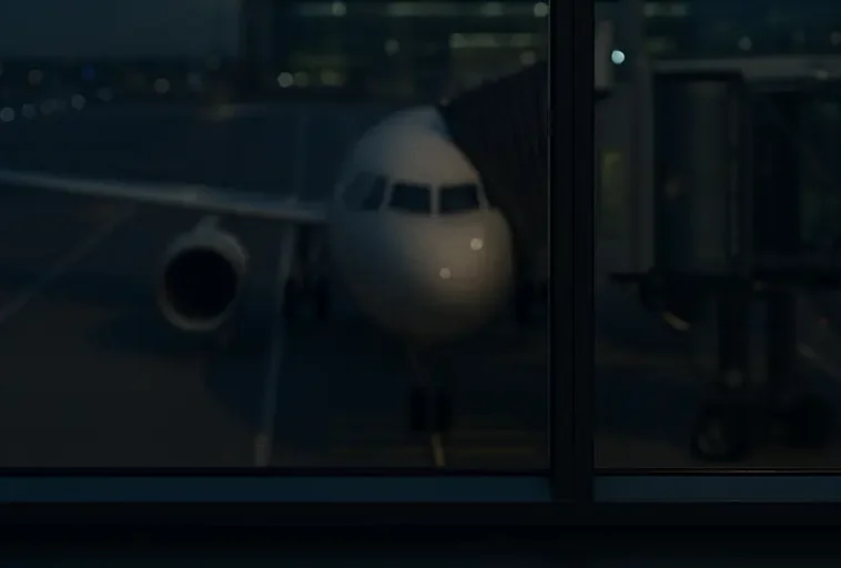 Night view of an aircraft from the terminal window at Berlin Brandenburg Airport (BER)