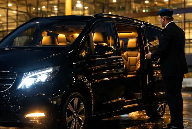 Professional uniformed driver opening the door of a premium Mercedes MPV for passengers at Berlin Brandenburg Airport (BER) at night