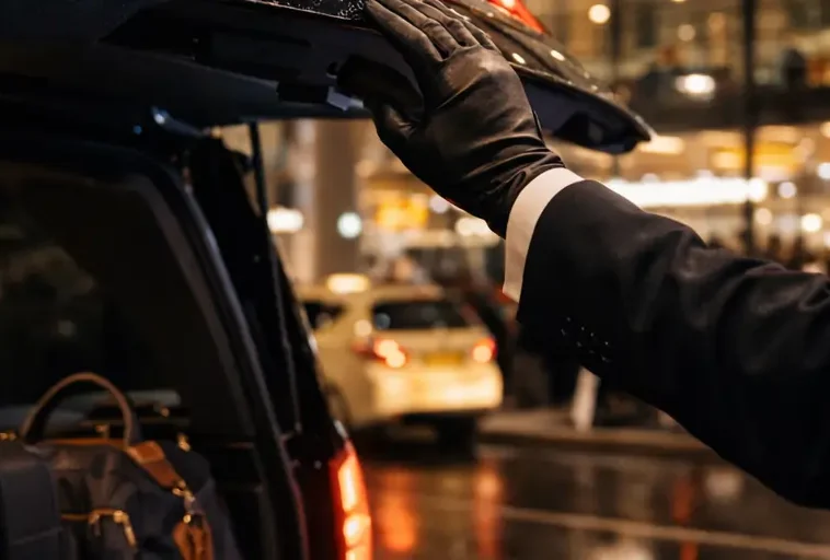 Chauffeur privé en gants en cuir fermant le coffre d'un Van premium rempli de valises au terminal de l'aéroport
