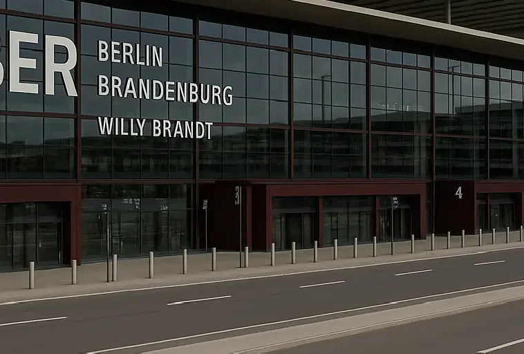 Fassade des Terminals des Flughafens Berlin Brandenburg (BER) Willy Brandt, zentraler Treffpunkt für Transfers in Berlin