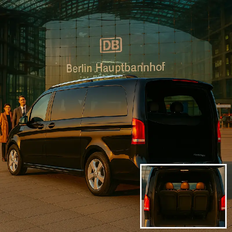 Mercedes-Benz EQV Long electric MPV at Berlin Central Station (Berlin Hauptbahnhof) with open boot and rear seats view