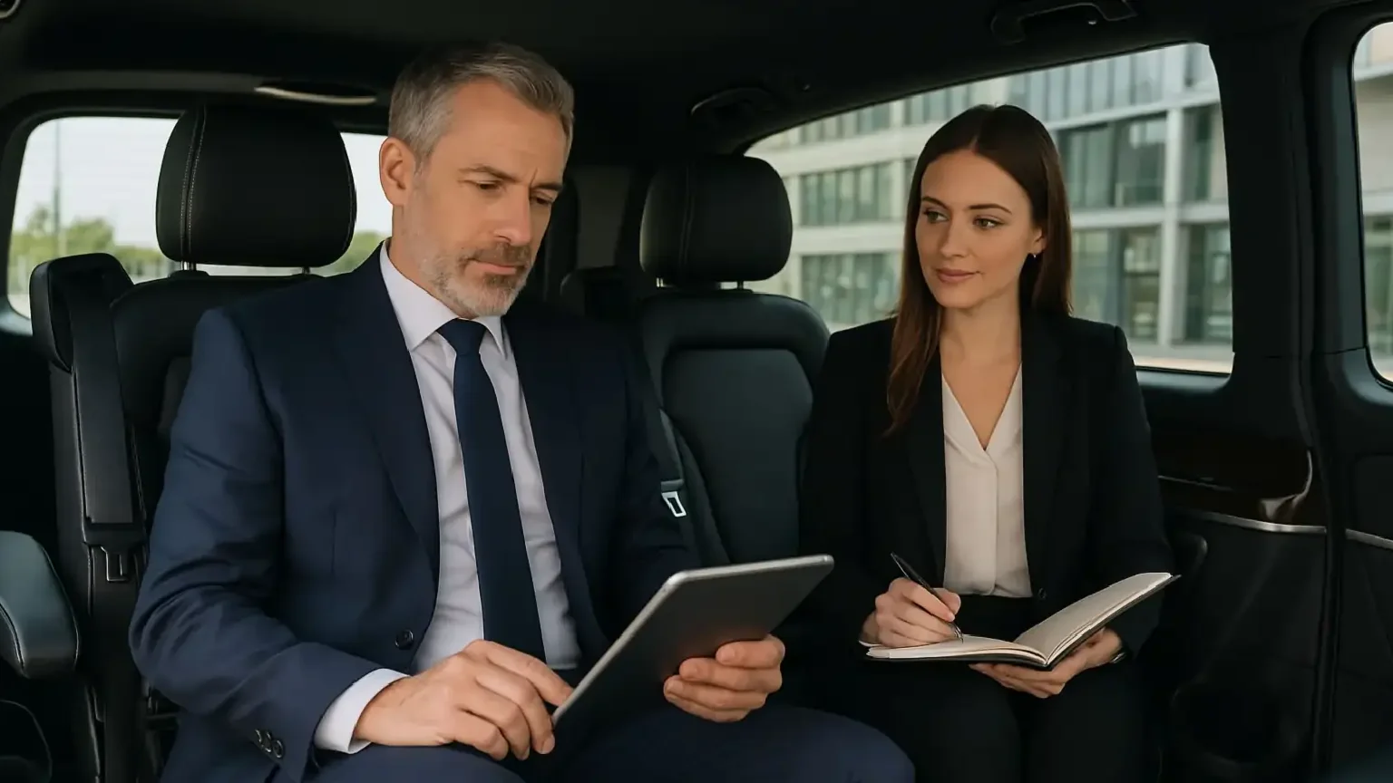 Business meeting inside a premium MPV operated from our own fleet as part of a partner transfer programme in Berlin