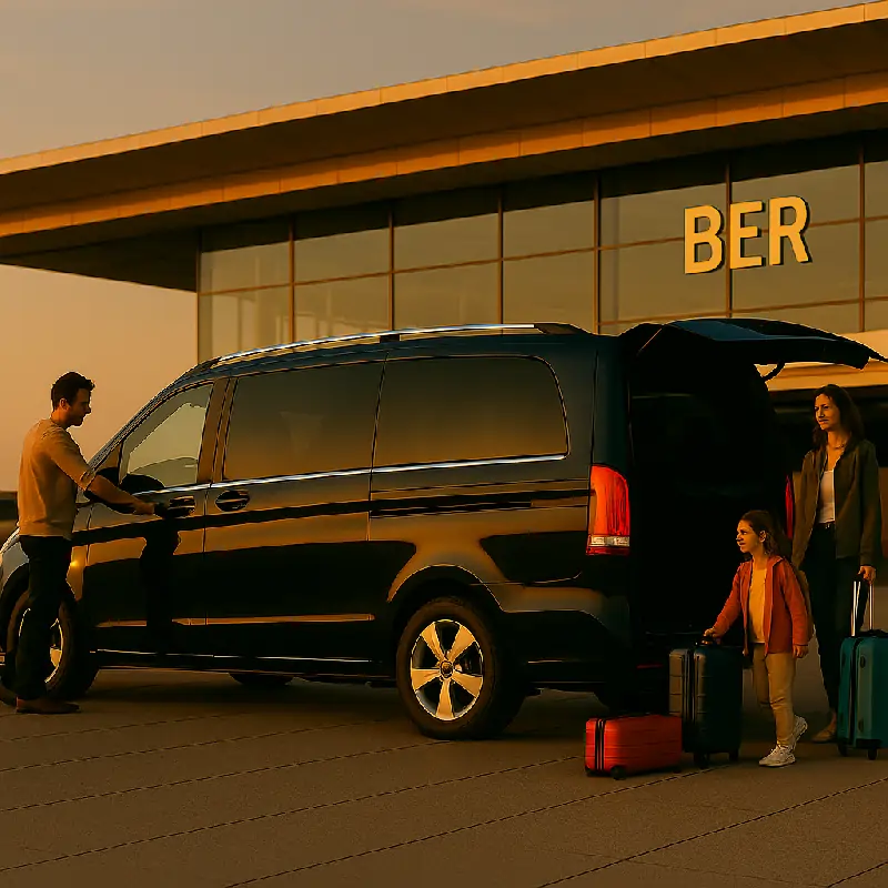 Passengers with luggage next to a Mercedes-Benz V-Class AMG MPV at Berlin Brandenburg Airport (BER) terminal