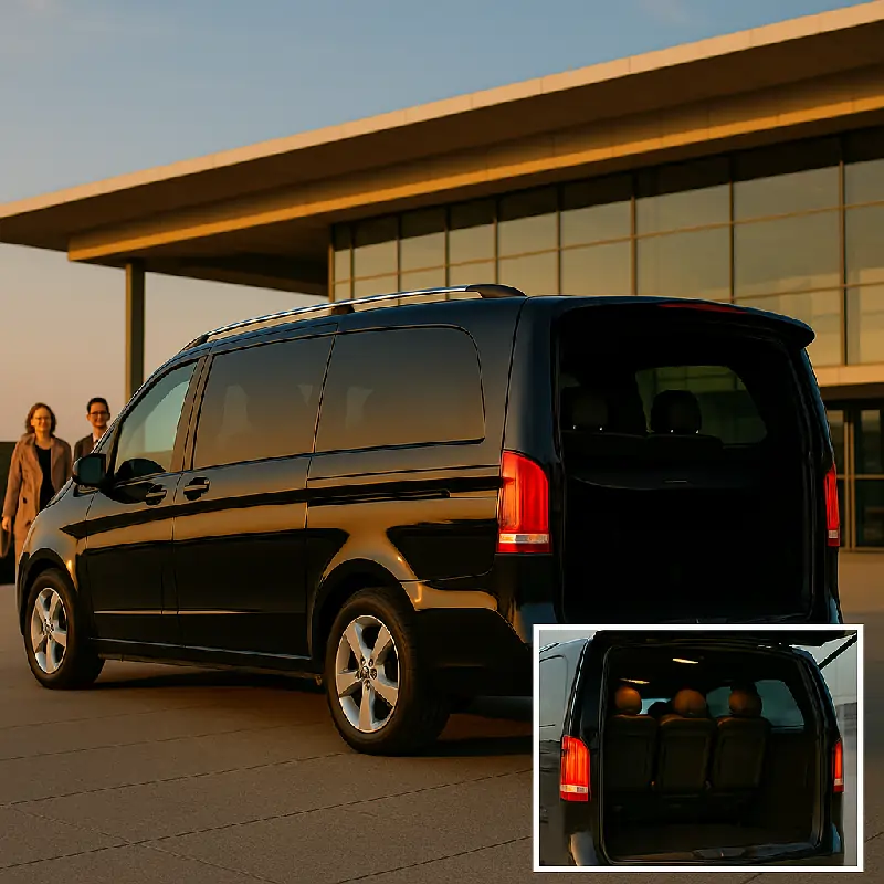 Premium Mercedes-Benz V-Class MPV at Berlin Brandenburg Airport (BER) terminal with luggage in the boot