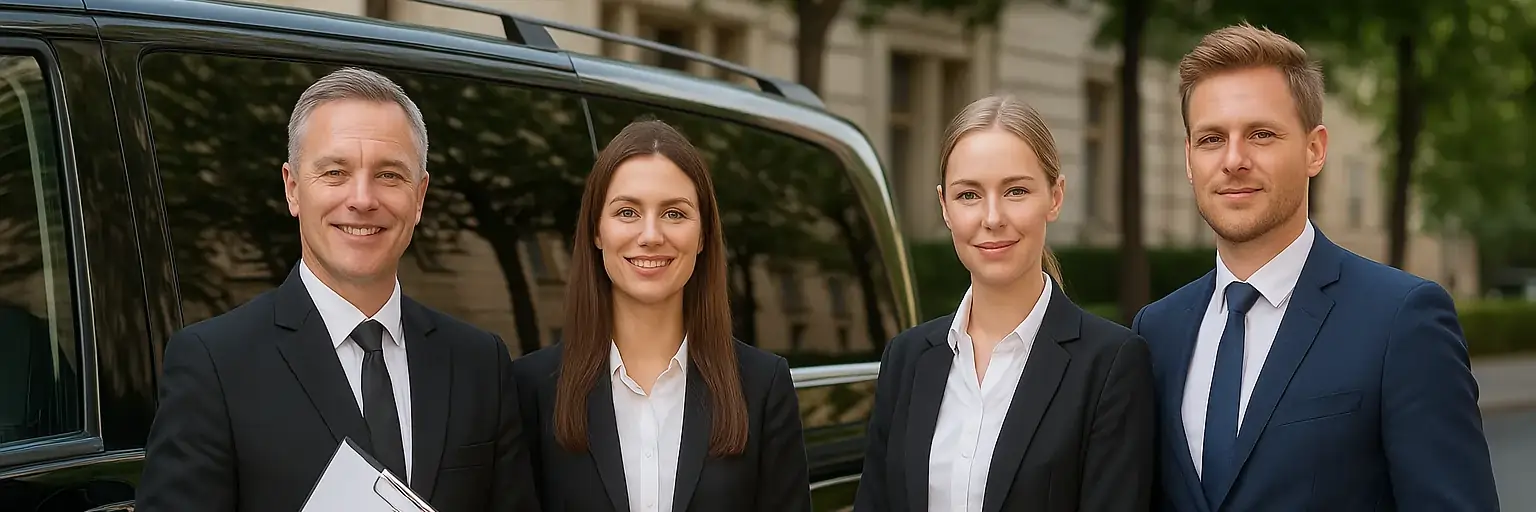 Professional MPV transfer team in Berlin in front of a Mercedes people carrier