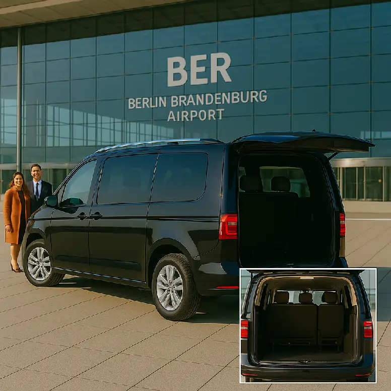 VW Multivan T7 Business MPV at Berlin Brandenburg Airport (BER) terminal with the boot open