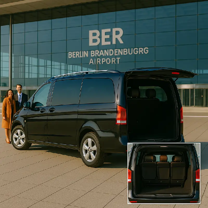 VW Multivan T7 Komfort MPV at Berlin Central Station (Berlin Hauptbahnhof) with luggage in the boot