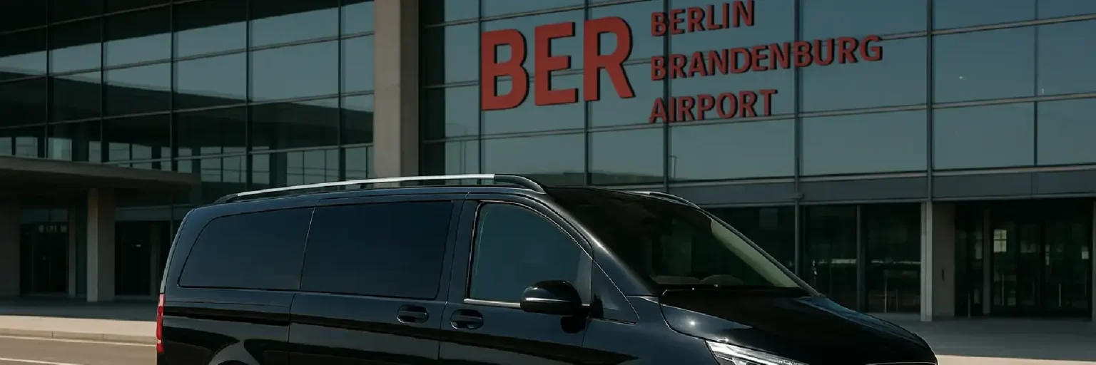 Monovolumen negro frente a la terminal del aeropuerto Berlín-Brandeburgo (BER)