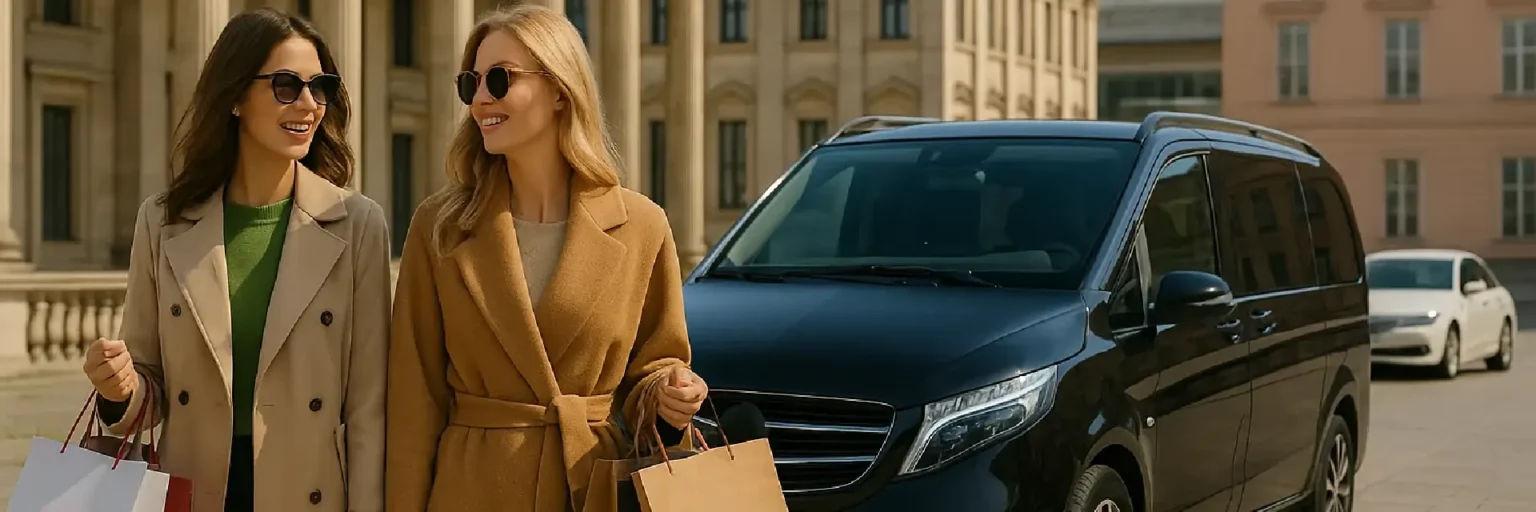 Frauen nach dem Shopping neben einem schwarzen Minivan an einem historischen Gebäude im Zentrum von Berlin