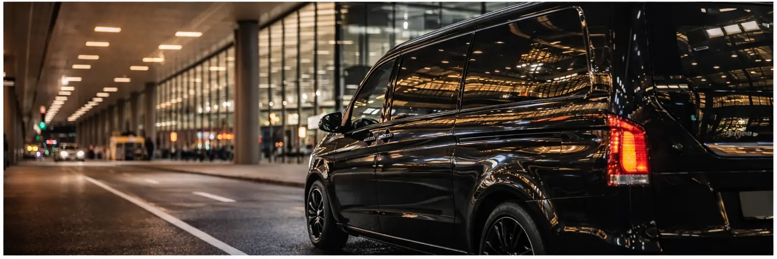 Rückansicht eines schwarzen, glänzenden Minivans, der nachts am hell beleuchteten Terminal des Flughafens Berlin steht