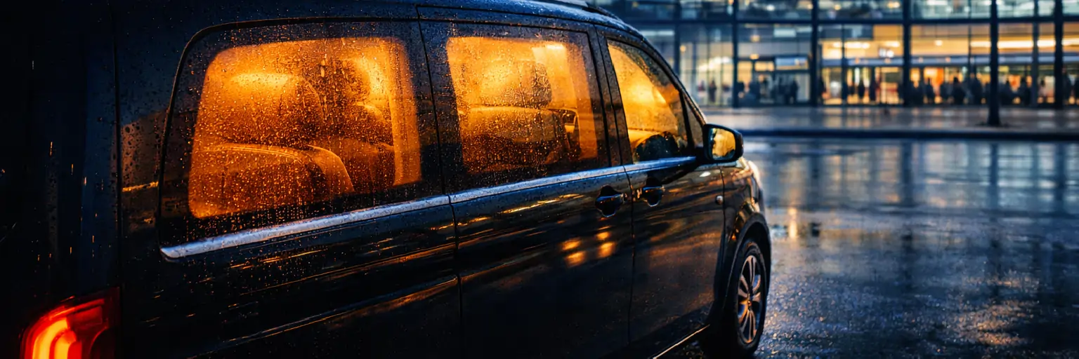 Van premium noir avec éclairage intérieur chaleureux sur le parking mouillé du terminal de l'aéroport de Berlin Brandenburg par une soirée pluvieuse