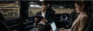 Geschäftsreise vom Flughafen Berlin mit Passagieren, die auf Laptop und Tablet im komfortablen Minivan-Innenraum arbeiten