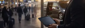 Mann im Anzug mit Tablet neben einem Minivan am Flughafen Berlin Brandenburg (BER), im Hintergrund Passagiere mit Gepäck