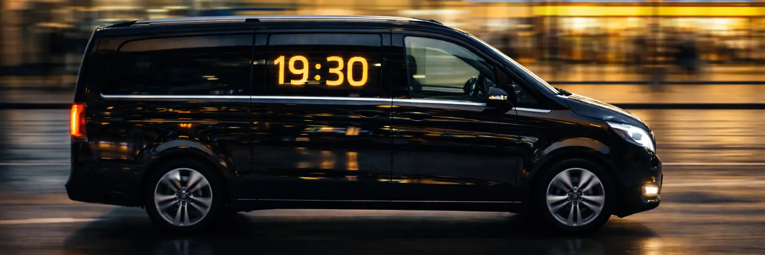 Mercedes-Minivan für den Abendtransfer vom Flughafen BER mit exakt 19:30 Ankunftszeit auf der Anzeigetafel