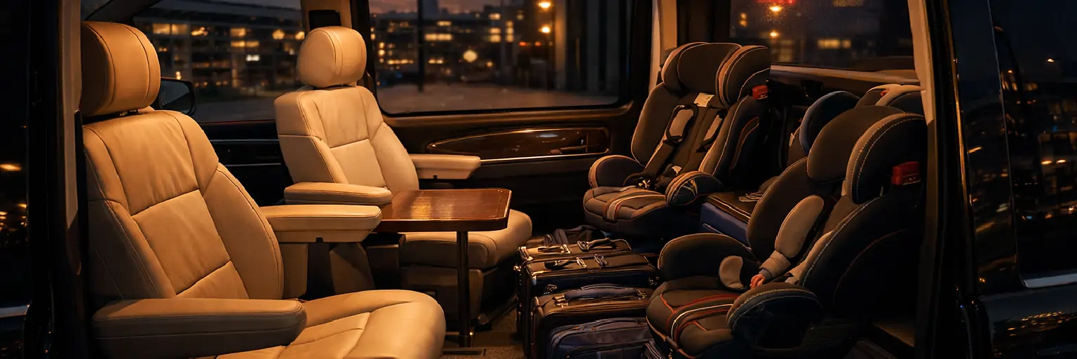Premium MPV for BER airport transfers with child seats for all ages, leather seats and a fold-out table