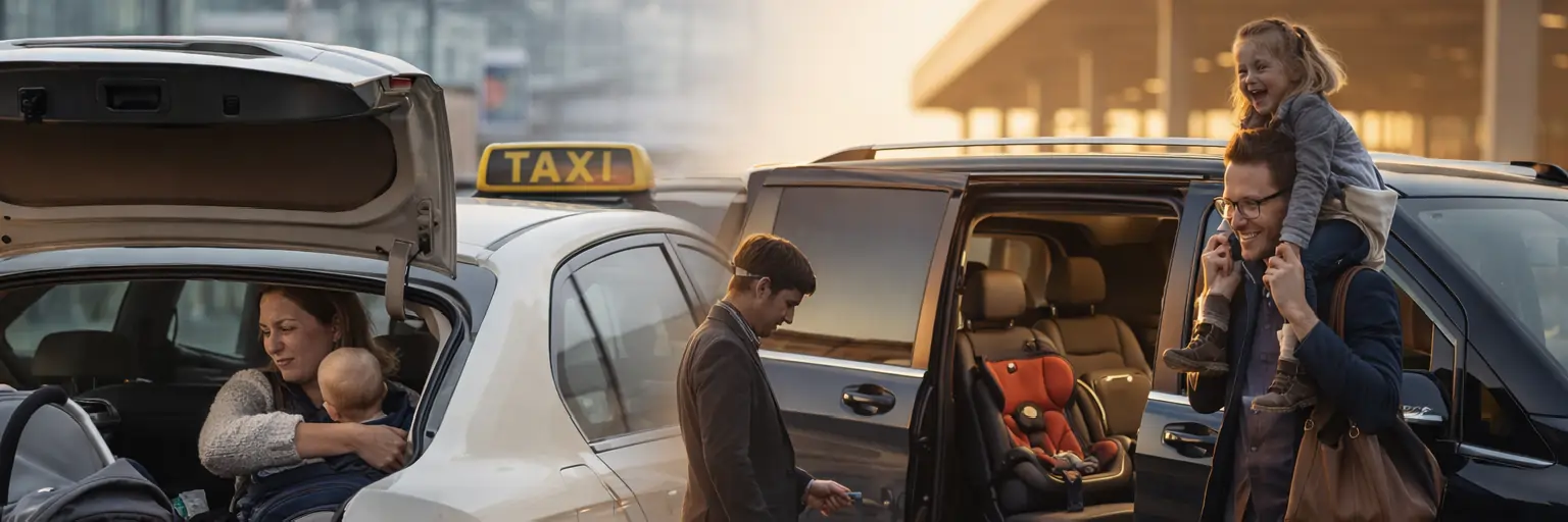 Comparación de traslado familiar en el aeropuerto BER entre el maletero estrecho de un taxi y un monovolumen espacioso con silla infantil