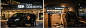 Service de taxi premium depuis l'aéroport BER avec Mercedes-Benz V-Class Van noir et habitacle spacieux avec siège enfant