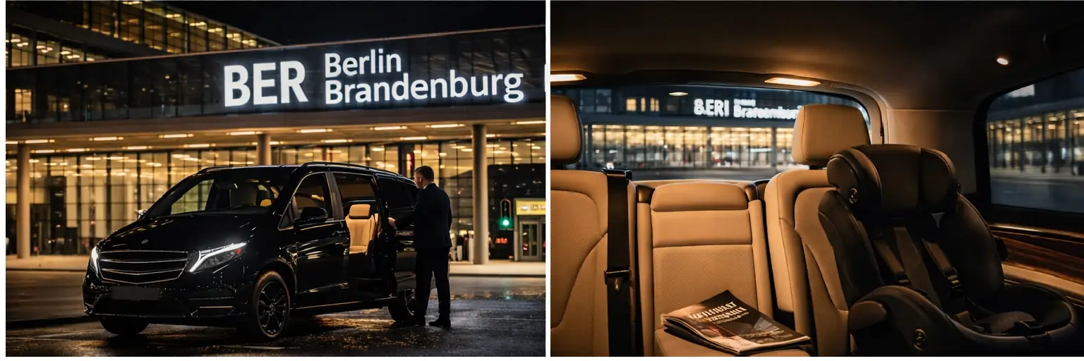 Premium-Taxi vom Flughafen BER mit schwarzem Mercedes-Benz V-Klasse-Minivan und geräumigem Innenraum mit Kindersitz