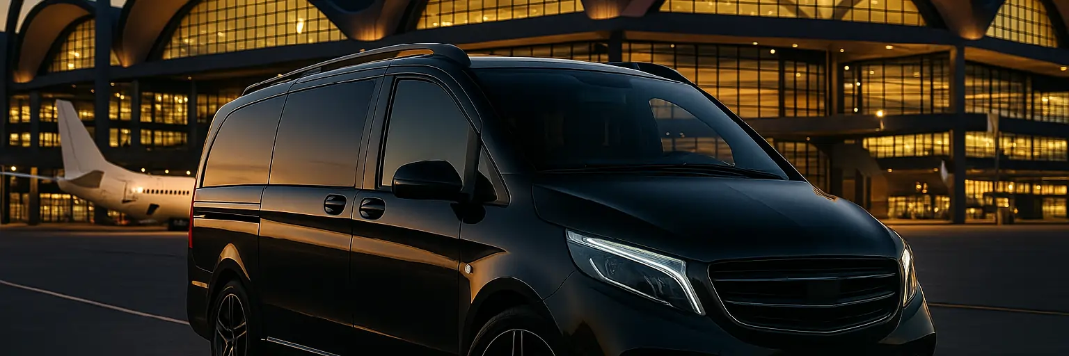 Van Mercedes-Benz V-Class noir devant l'aéroport de Berlin Brandenburg (BER) avec éclairage du soir