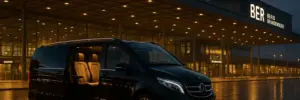 Van Mercedes-Benz V-Class noir avec porte ouverte à l'aéroport de Berlin Brandenburg (BER) en soirée