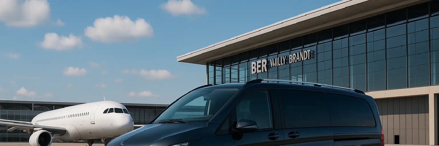 Schwarzer Mercedes-Benz V-Klasse-Minivan vor einem Passagierflugzeug und dem Terminal des Flughafens Berlin Brandenburg (BER) Willy Brandt an einem sonnigen Tag