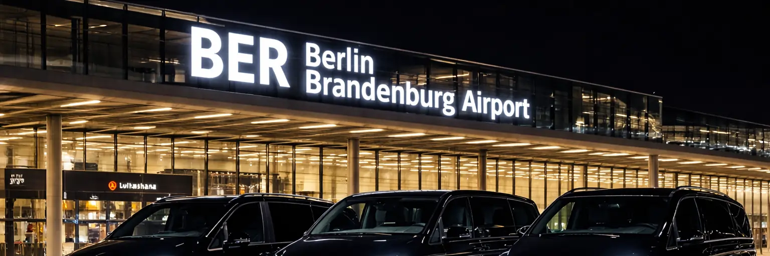 Premium-Mercedes-V-Klasse-Minivans warten nachts am Terminal des Flughafens Berlin Brandenburg (BER) auf Fahrgäste