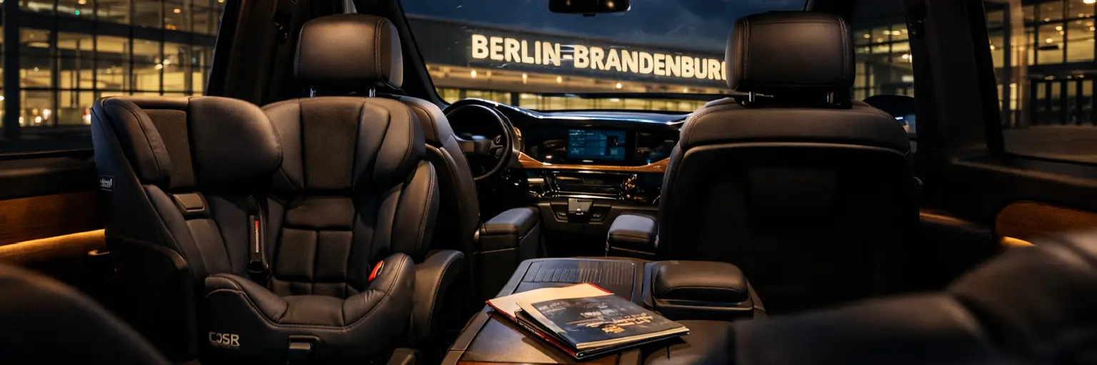 Luxus-Lederinnenraum eines Premium-Minivans mit Holzeinlagen und Zeitschriften für einen VIP-Transfer am Terminal Berlin Brandenburg
