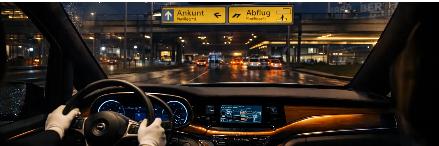 Fahrer eines Minivans am Steuer auf nasser Straße am Flughafen Berlin Brandenburg mit Schildern Ankunft und Abflug am Abend