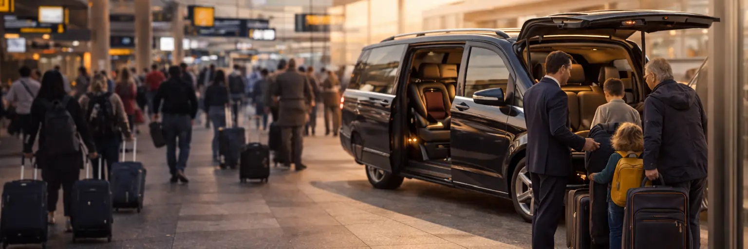 Transfer vom Flughafen BER nach Berlin mit Verladen des Gepäcks in einen Minivan im Ankunftsbereich des Terminals