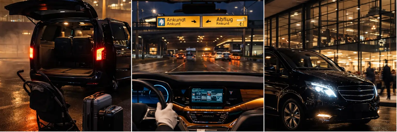 Transfer vom Flughafen Berlin Brandenburg mit Minivan-Kofferraum voller Koffer, Fahrer folgt den Schildern Ankunft–Abflug, um Passagiere nachts am Terminal zu treffen