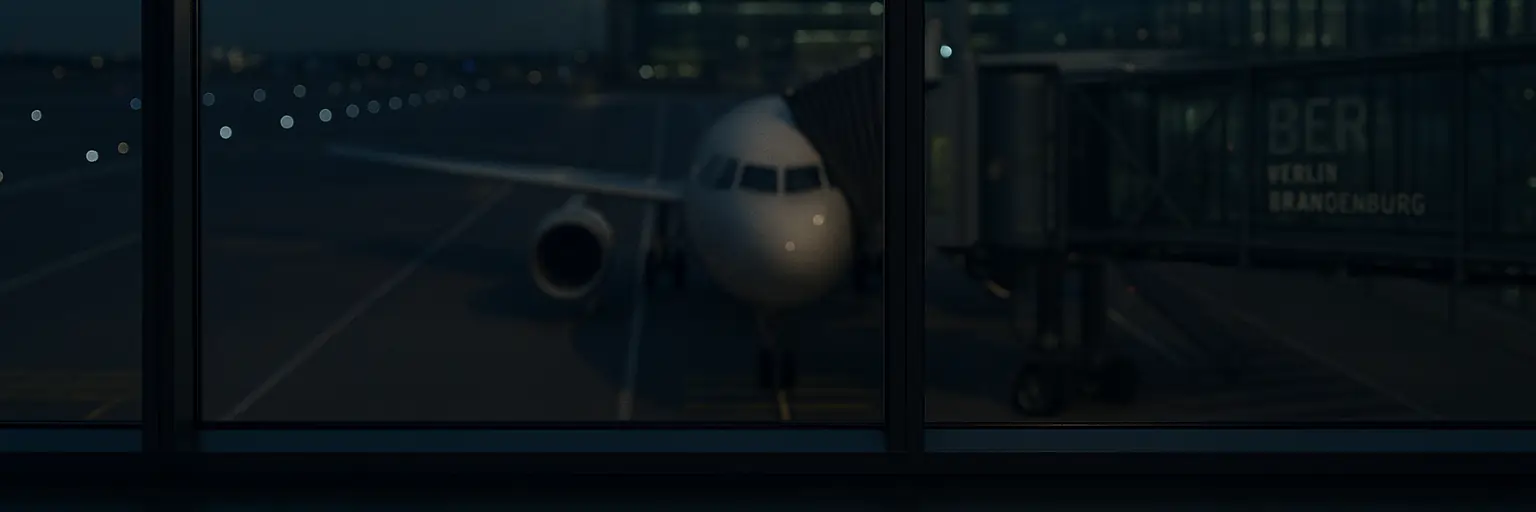 Vista nocturna de un avión desde la ventanilla de la terminal del Aeropuerto de Berlín Brandenburg (BER)