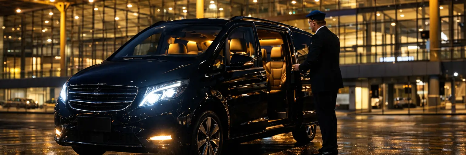 Chauffeur professionnel en uniforme ouvrant la porte d'un Van Mercedes premium pour les passagers au terminal de l'aéroport de Berlin Brandenburg (BER) la nuit