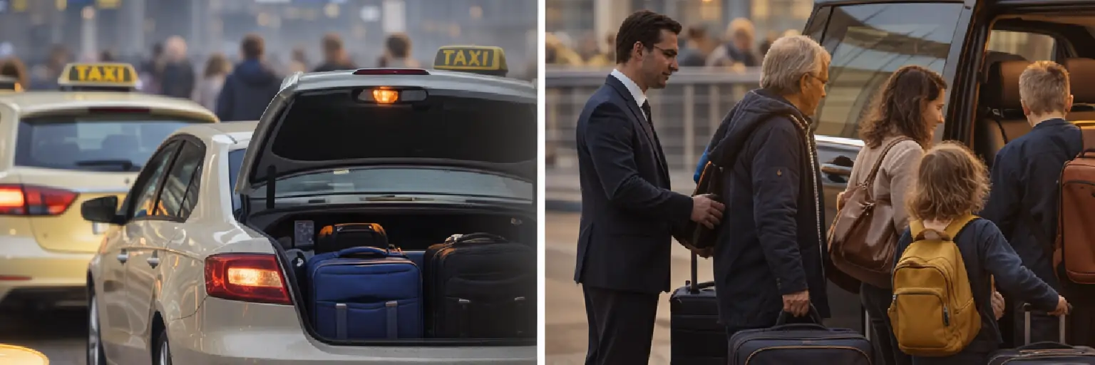 Taxi mit Gepäck am Flughafen Berlin Brandenburg (BER) und Passagiere, die Koffer in einen Minivan laden