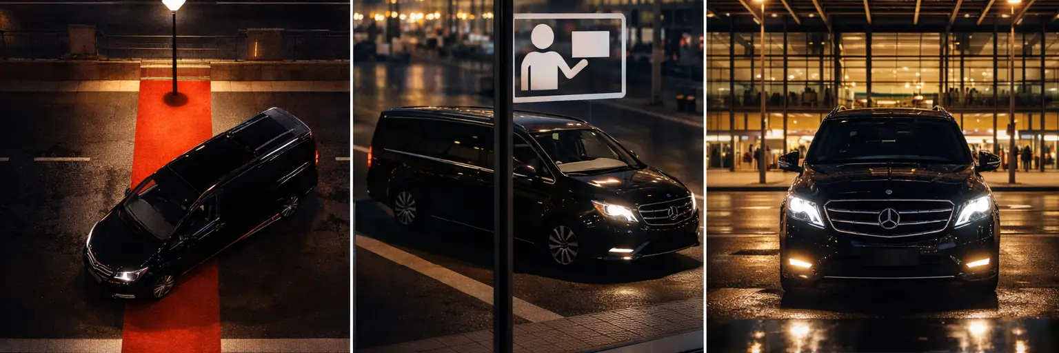 Vollständiger VIP-Transferservice vom Flughafen Berlin-Brandenburg (BER): Begrüßung mit Schild, rotem Teppich und einem Premium-Mercedes-Minivan am Nachtterminal