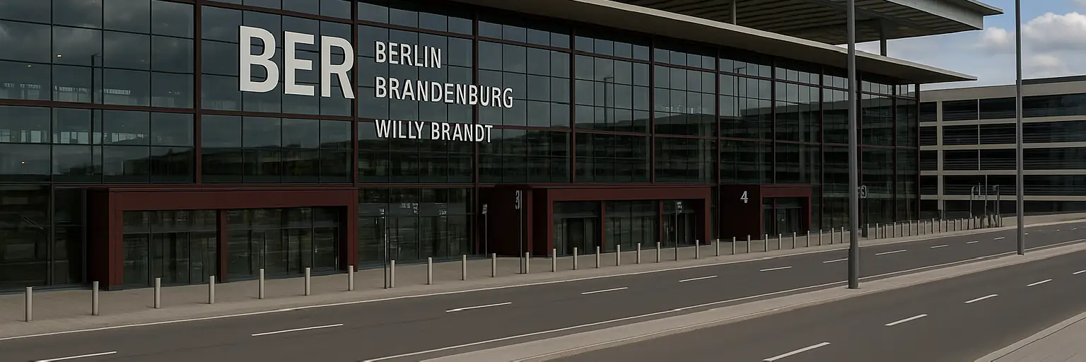 Fassade des Terminals des Flughafens Berlin Brandenburg (BER) Willy Brandt, zentraler Treffpunkt für Transfers in Berlin
